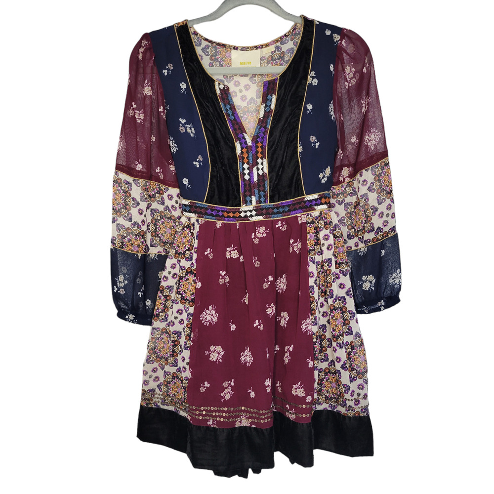 Anthropologie Maeve Quartier Latin Patchwork Velvet Mini Dress Women Sz SP - Picture 6 of 11